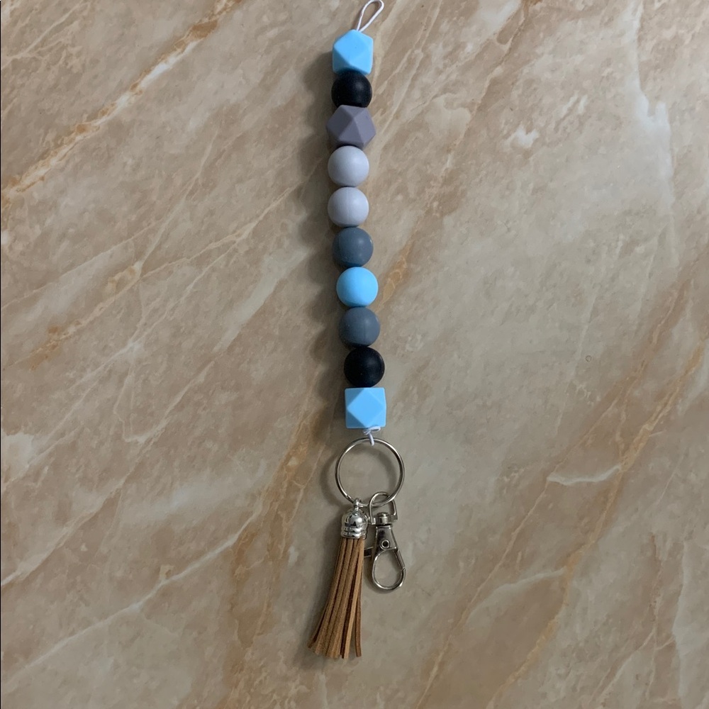 Blue and Gray Beaded Key Holder with Tassel